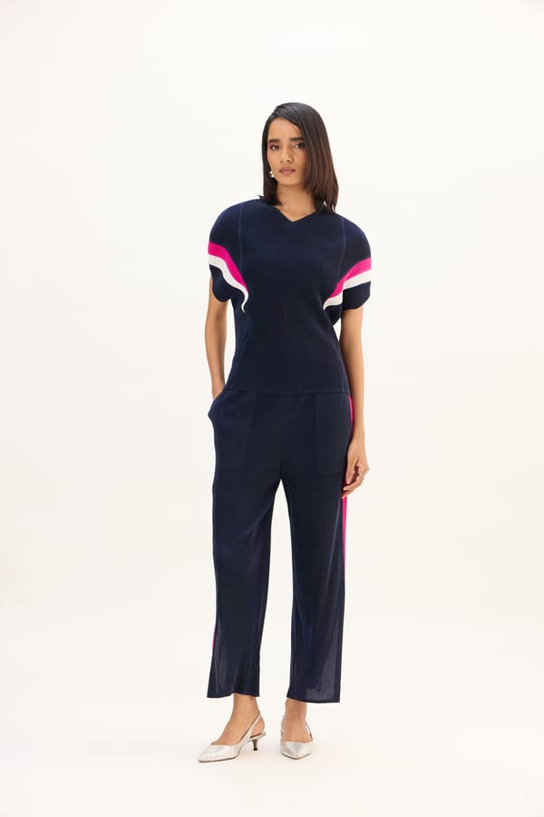 Navy Pleated Lounge Co-ord Set with Contrast Stripes — Scarlet Sage