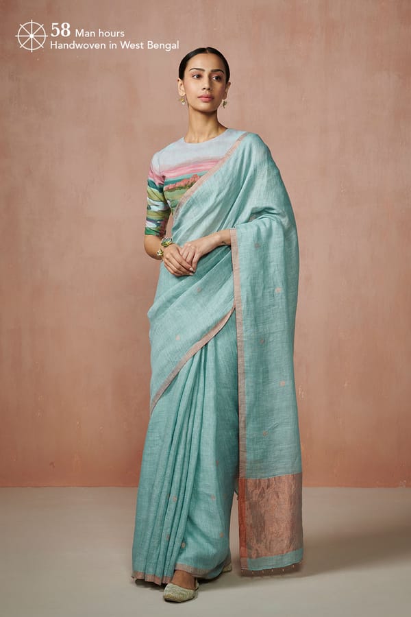 Aqua Blue Linen Saree with Copper Zari Buttas and Border — Dressfolk