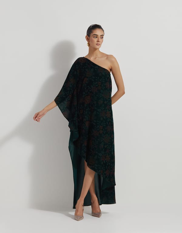 Bottle Green One-Shoulder Floral Velvet Maxi Dress — Kavita Bhartia