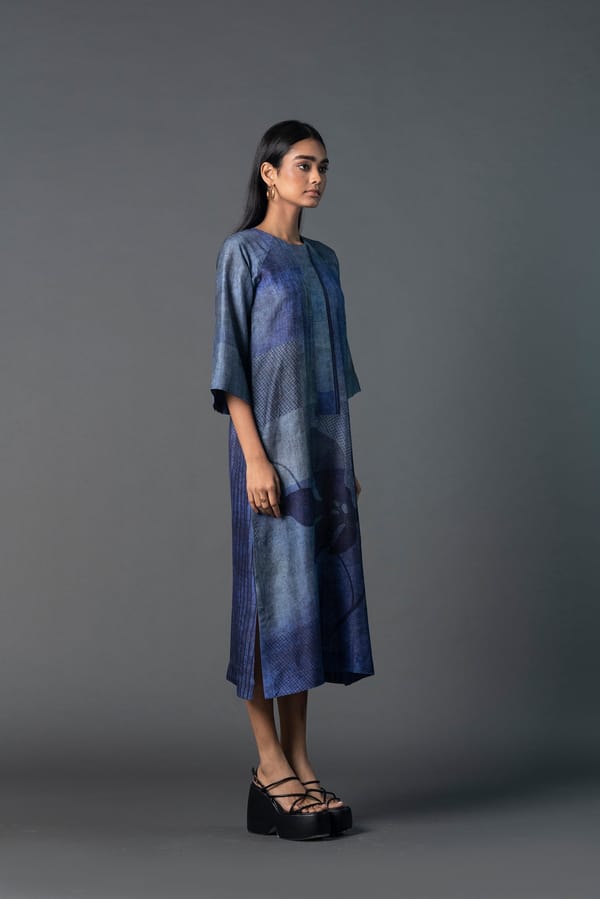 Array Bandhani Indigo Round Neck Dress — CLOS