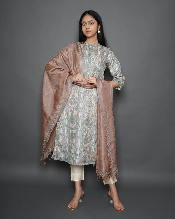 Floral Abstract Handblock Print Tussar Silk — Kameez