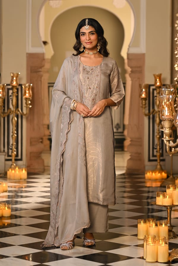 Grey Premium Muslin Silk Jacquard Embroidery Set — MAHEE JAIPUR