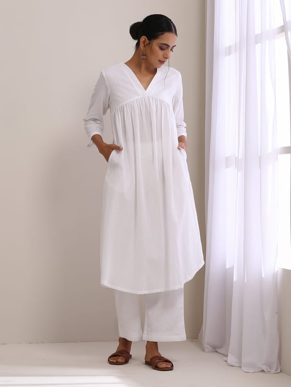White Dobby Flared Slit Kurta Pant Set — Truebrowns