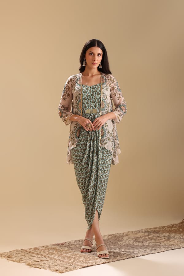 Beige Cape Overlay Printed Asymmetrical Midi Dress Set — SOUP by Sougat Paul