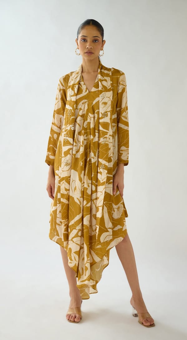 Mustard Printed Muslin Midi Dress with Handkerchief Hem — Basanti Kapde aur Koffee