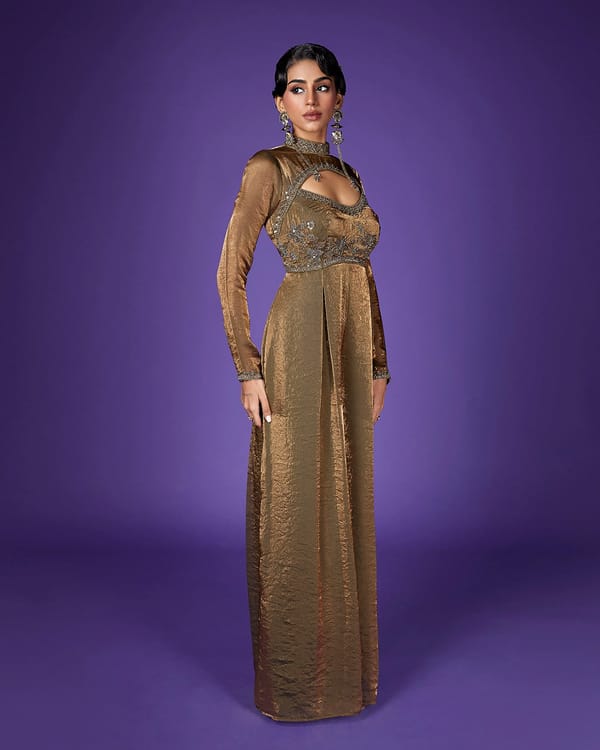 Olive Gold Shimmer Tissue Keyhole Neck Maxi Jumpsuit — QUNIC
