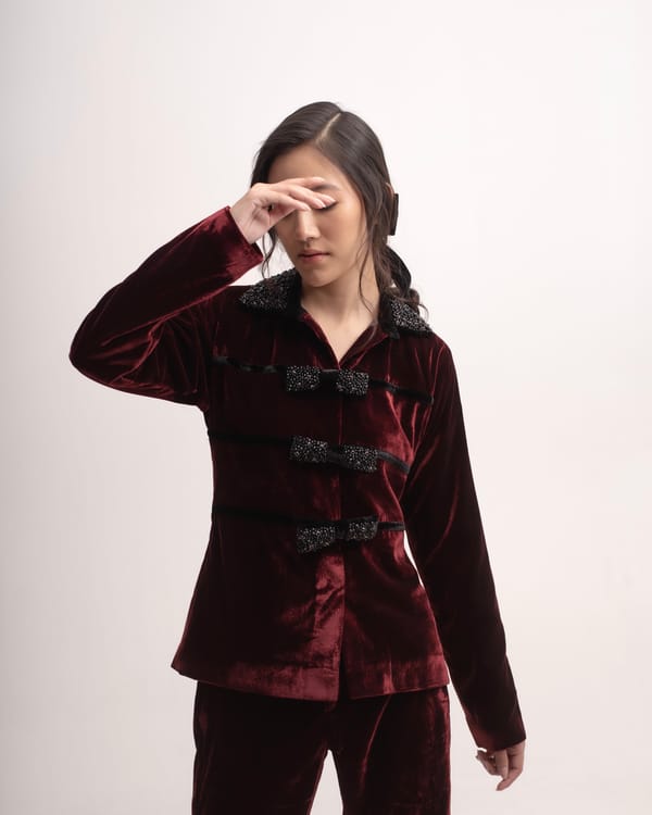 Maroon Silk Velvet Collared Jacket with Embellished Bows — MAGIA