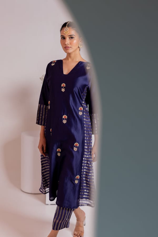 Indigo Blue Chanderi Embroidered Kurta Set with Pants — Silai studio