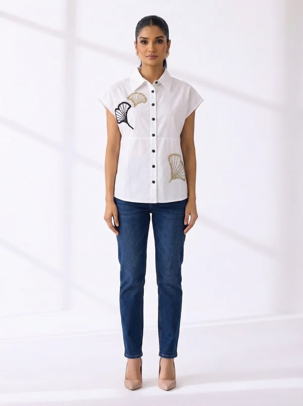 Ivory Cotton Embroidered Button-Down Shirt — KIHIKI