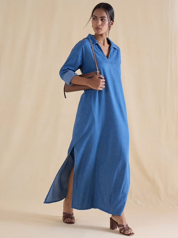 DenimLite Mid Blue Side Slit Maxi Dress — Femmella