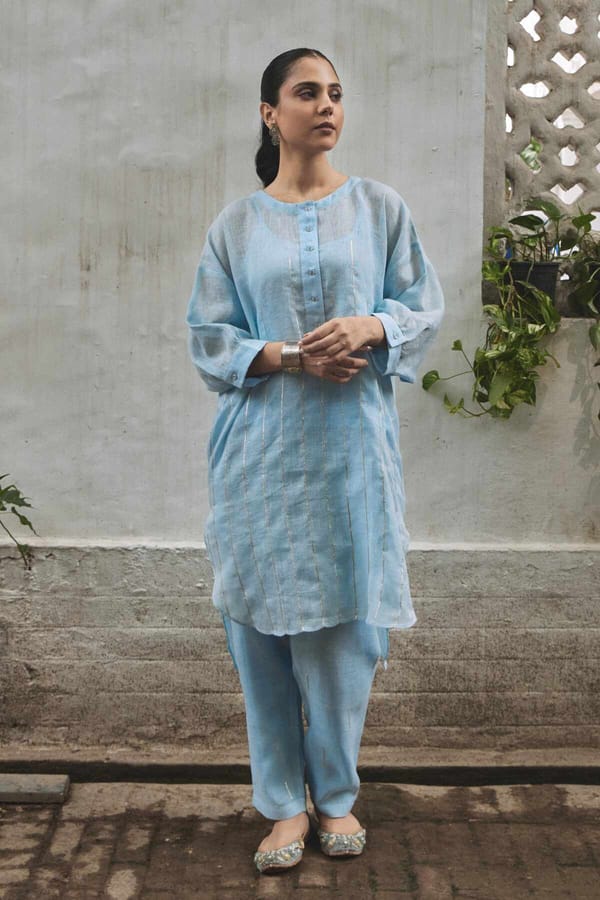 Blue Linen Kurta Set with Gota Detail and High-Low Hem — YELL
