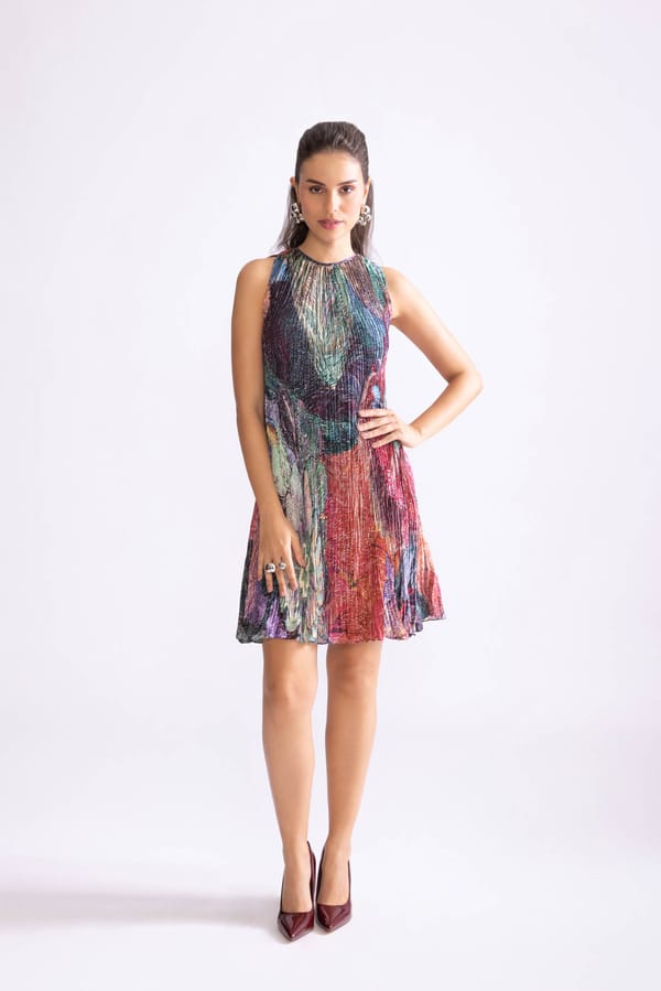 Multicolour Daisy Print Micro Pleated Mini Swing Dress — Saaksha and Kinni