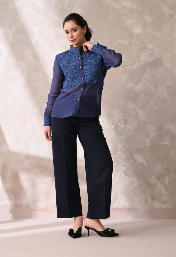 Midnight Blue Floral Applique Sheer Shirt — ANYSA