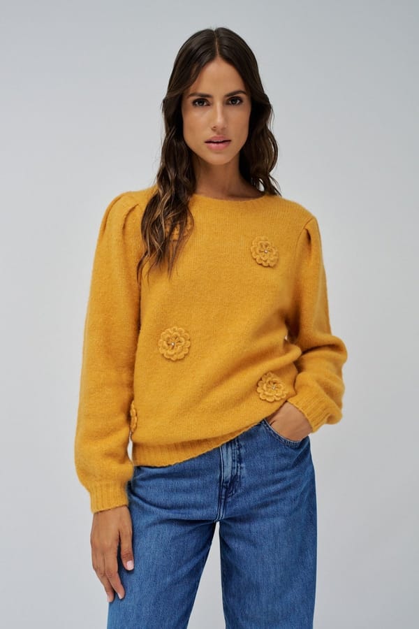 Mustard Crew-Neck Sweater with 3D Floral Appliques — SALSA JEANS