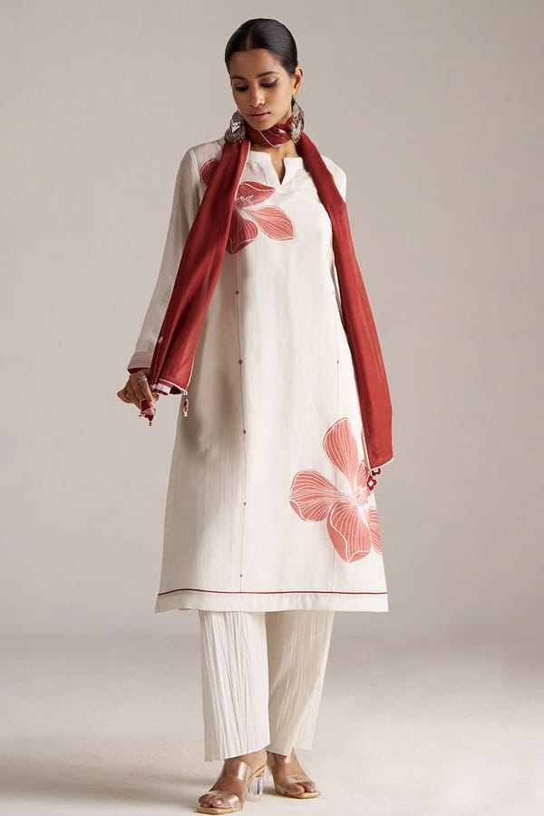 Ivory and Maroon Printed Chanderi Kurta Set with Stole — Ganga Fashions Pvt Ltd