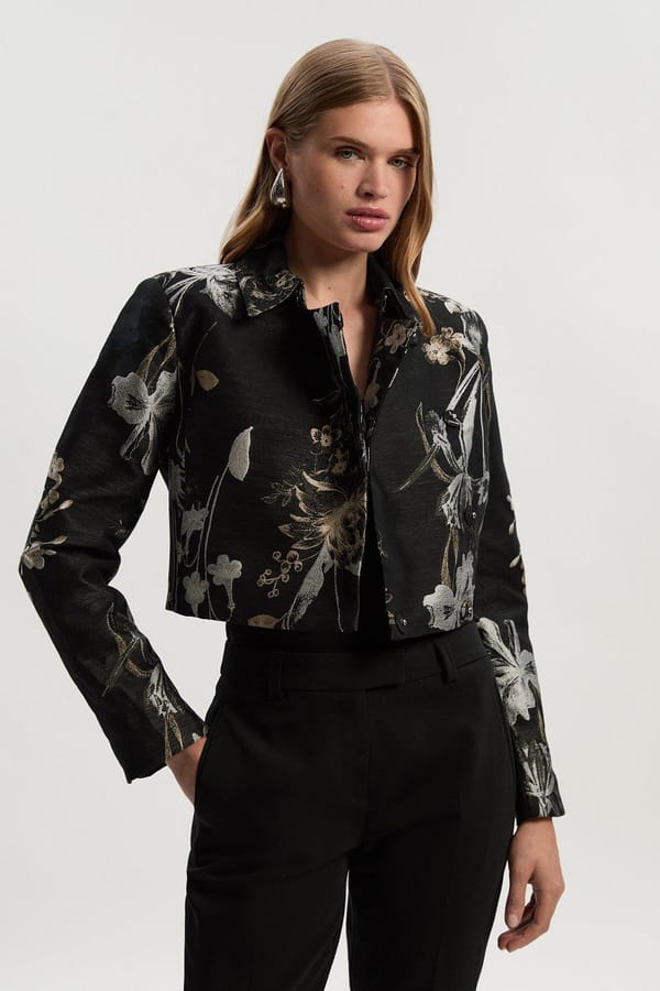 Black Cropped Floral Jacquard Jacket — KAREN MILLEN