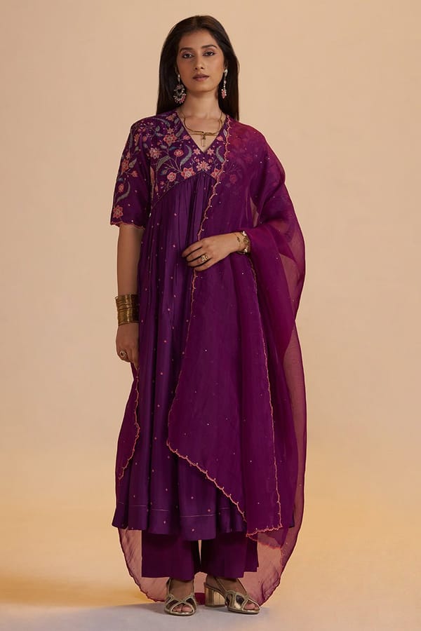 Purple A-Line Embroidered Kurta Set with Dupatta — Ganga Fashions Pvt Ltd