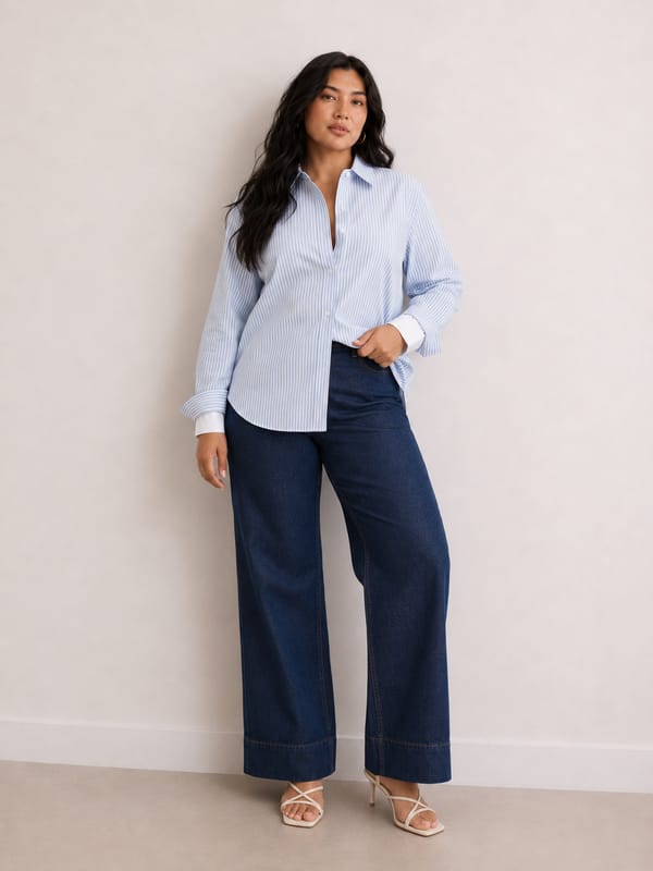 Blue Stripe Double Cuff Detail Shirt — Femmella