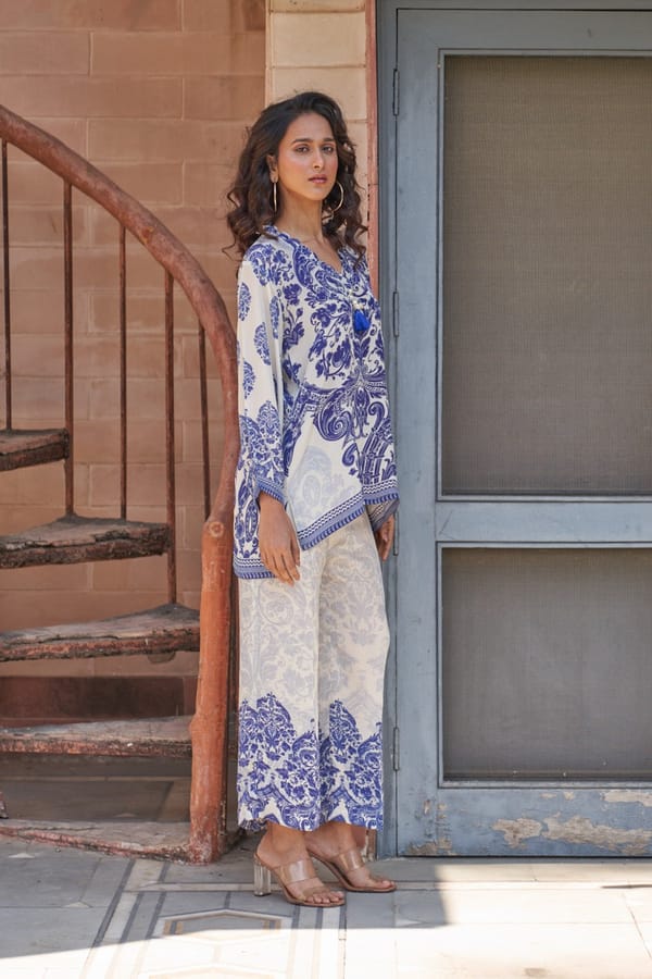 Off-White and Blue Printed Crepe Co-ord Set — Chakkraa