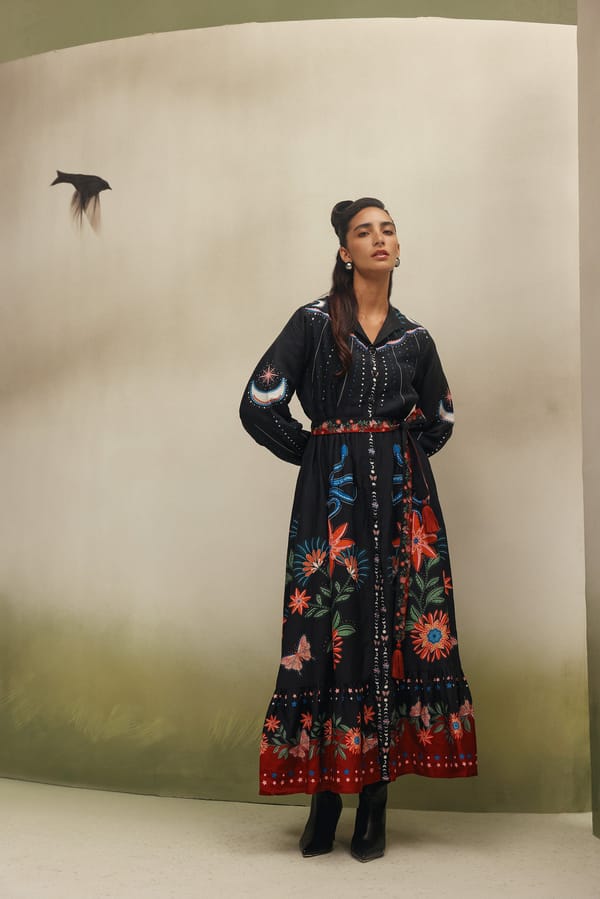 Black Printed Maxi Shirt Dress with Waist Belt — SHOP NOIB