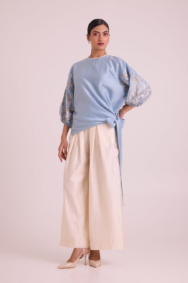 Blue Chanderi Silk Tie-Up Top with Embroidered Sleeves — Madder Much