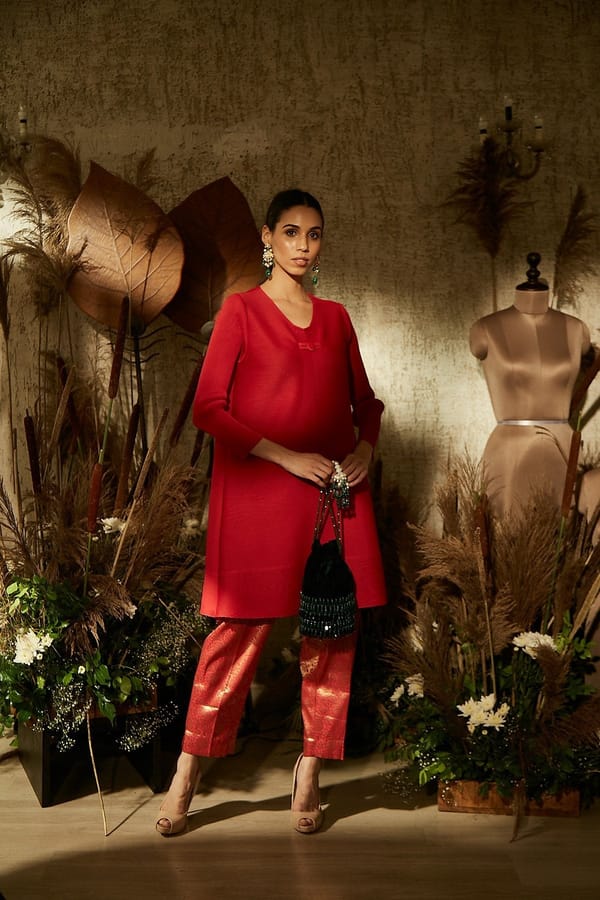 Vermilion Red Pleated Tunic and Brocade Pants Co-ord Set — TASUVURE
