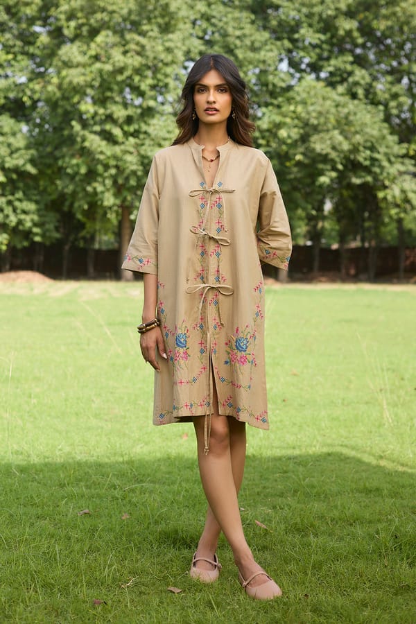 Beige Linen Embroidered Tie-Up Front Knee-Length Dress — INCHING INDIA