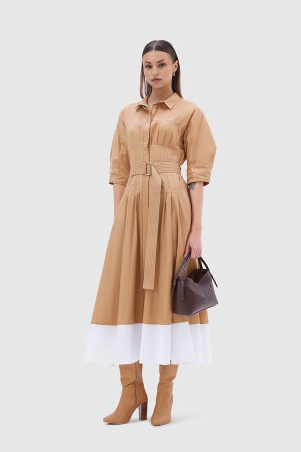 Beige Cotton Poplin Belted Midi Shirt Dress — NOTEBOOK