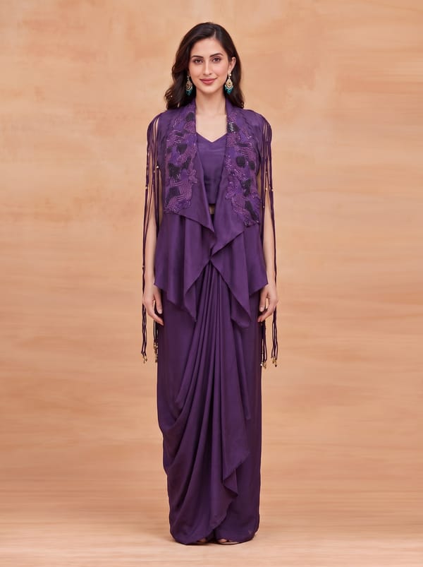 Emb Statement Collar Jacket with Drape Skirt and Inner — HOUSE OF PASHA