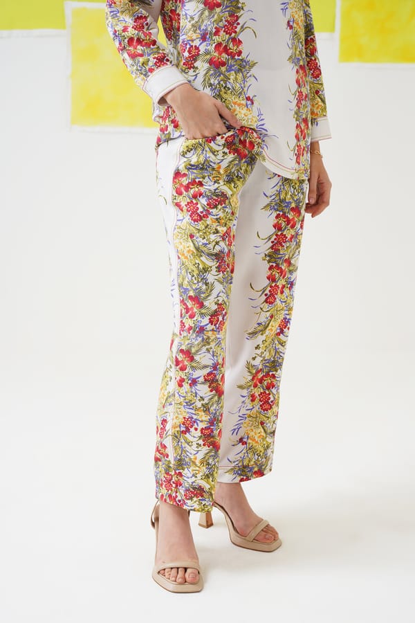 Ivory Tropical Floral Printed Straight-Leg Trousers — STITCH STORIES