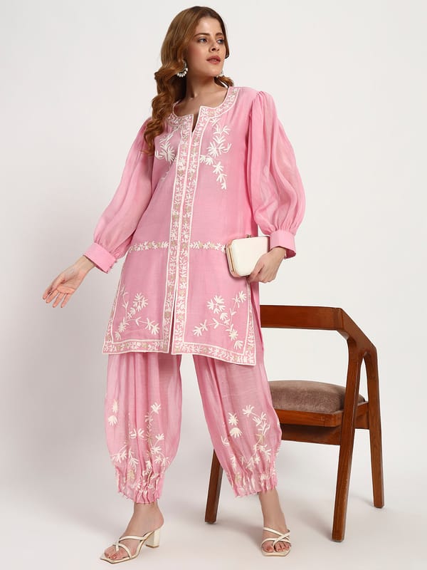 Blush Cotton-Silk Floral Kurta & Ruched Salwar — Gotta Kinari