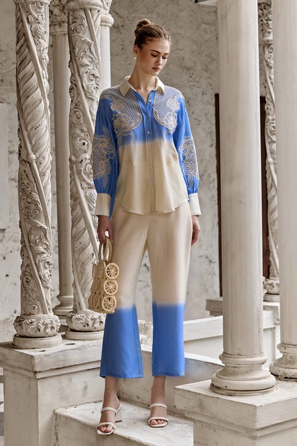 Marine Blue and Cream Ombre Embroidered Co-ord Set — BOHO-CHIC