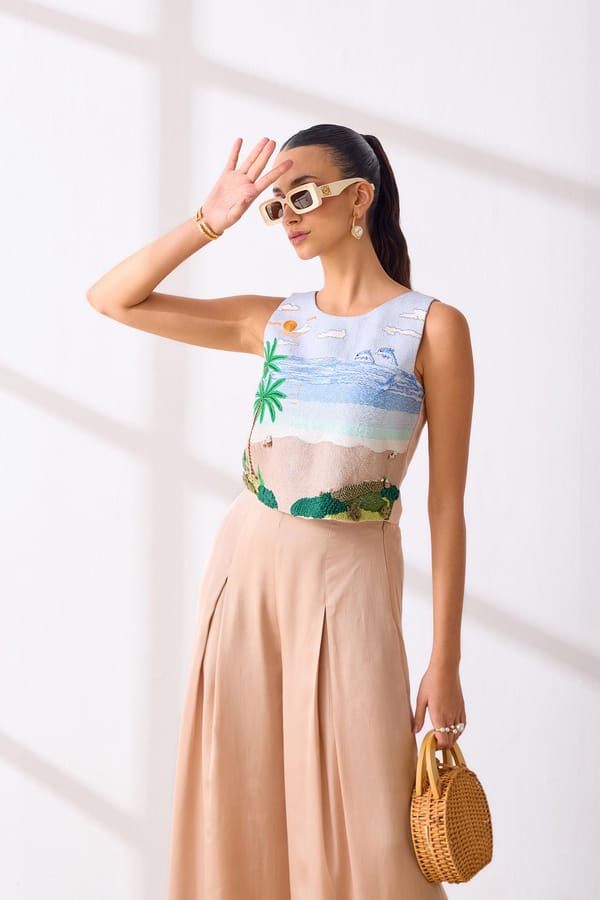Ecru Embroidered Bamberg Satin Crop Top with Back Buttons — Our Love