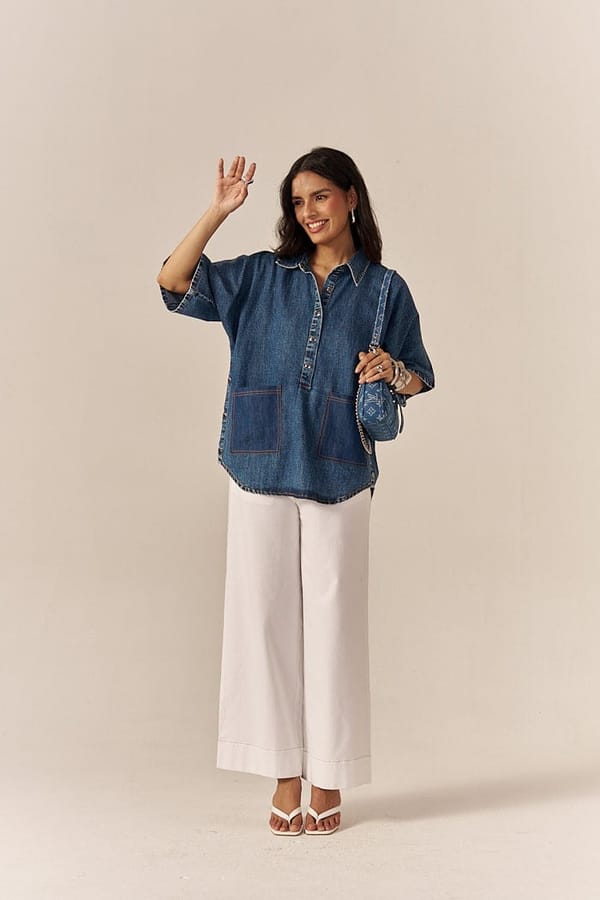 White Cotton Denim Flared Pants with Broad Hem — Spacelines
