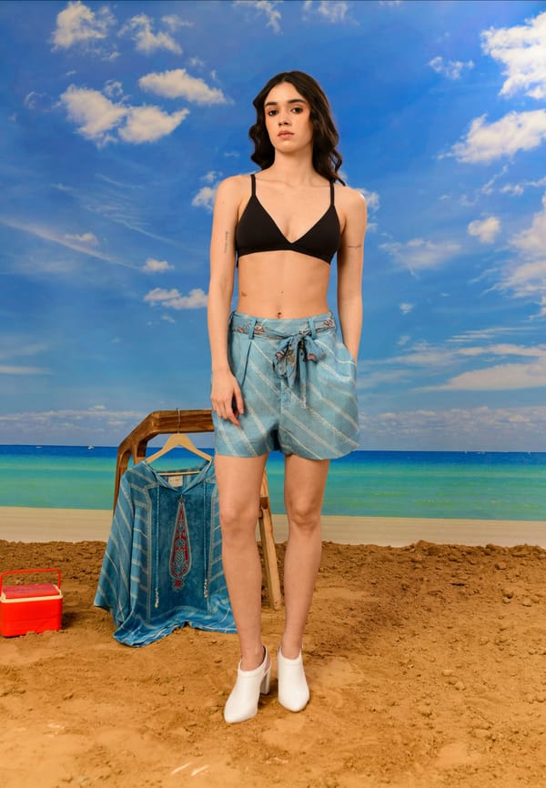 Blue Striped Satin Linen Shorts with Scarf Tie — ISHA GUPTA TAYAL