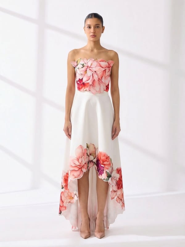 Off-White Strapless High-Low Midi Dress with Floral Wrap — OZEQO