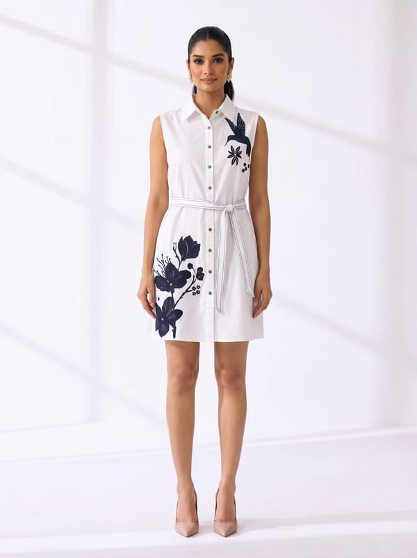 White Cotton Sleeveless Shirt Dress with Waist Tie — RUCHIKA MALLIKA LABEL
