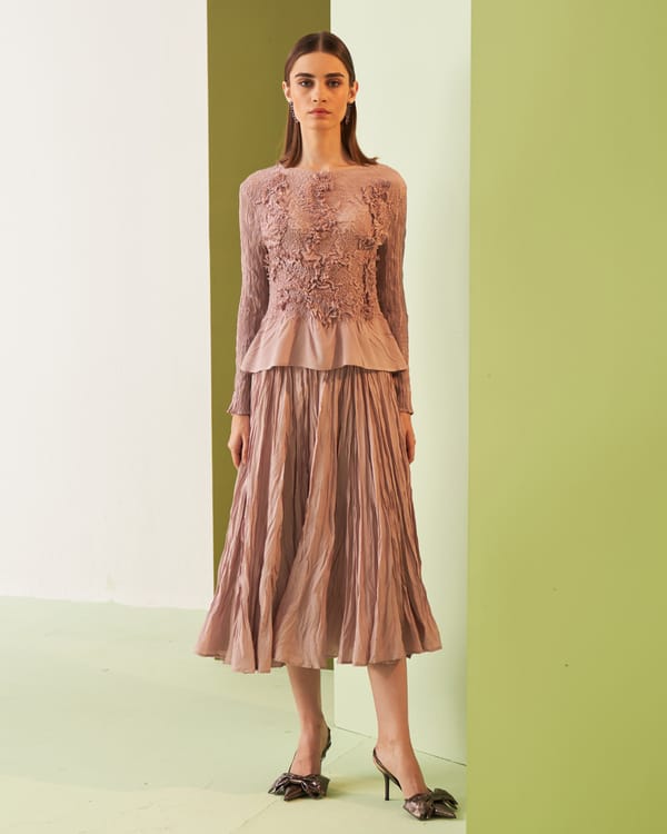 Nude 3D Floral Peplum Top and Midi Skirt Co-ord Set — Pleats by Aruni