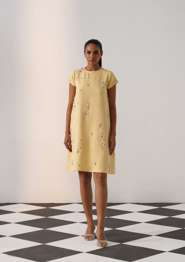 Butter Yellow Embellished Shift Dress — AMOSHI