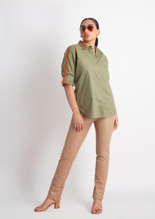 Olive Comfort Fit Cotton Shirt with Embroidery — Richa Goenka