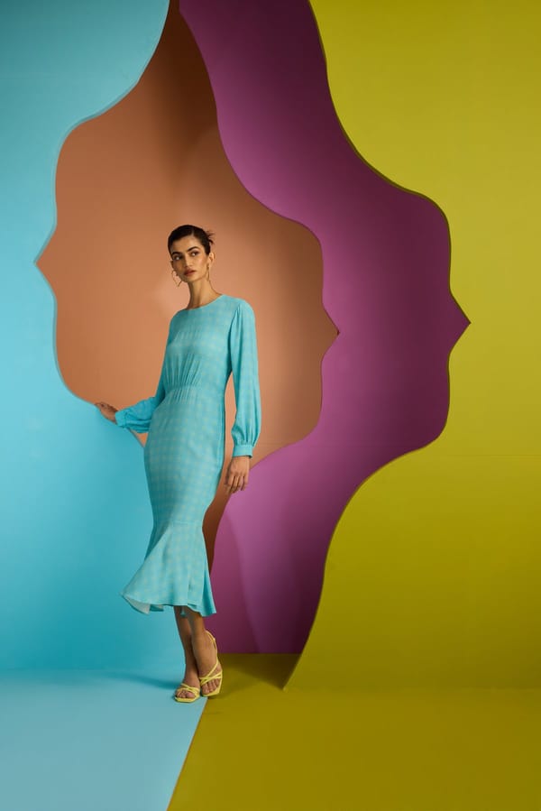 Blue Crepe Square-Neck Slim Fit Midi Dress — CUIN