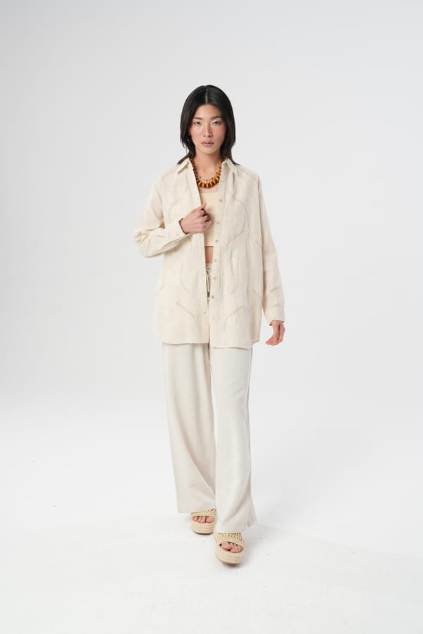 Cream Embroidered Shirt and Wide-Leg Pants Co-ord Set — THE LUXURY DRESSING
