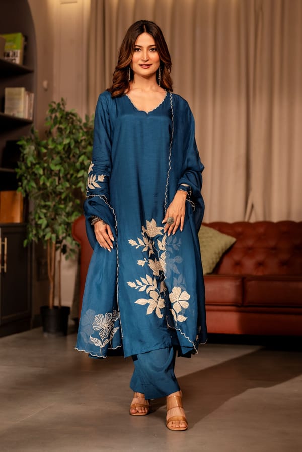 Rama blue appliqu� work pure dola silk suit set-SET OF-3 — MAHEE JAIPUR