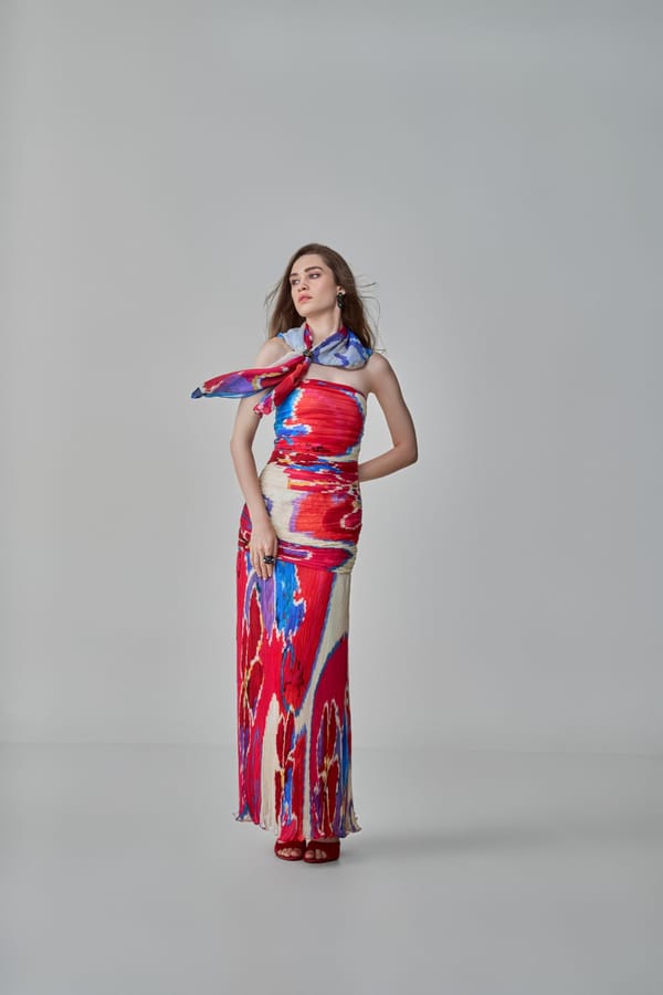 Pink/Red Ikat Print Strapless Micro-Pleated Maxi Gown — Saaksha and Kinni