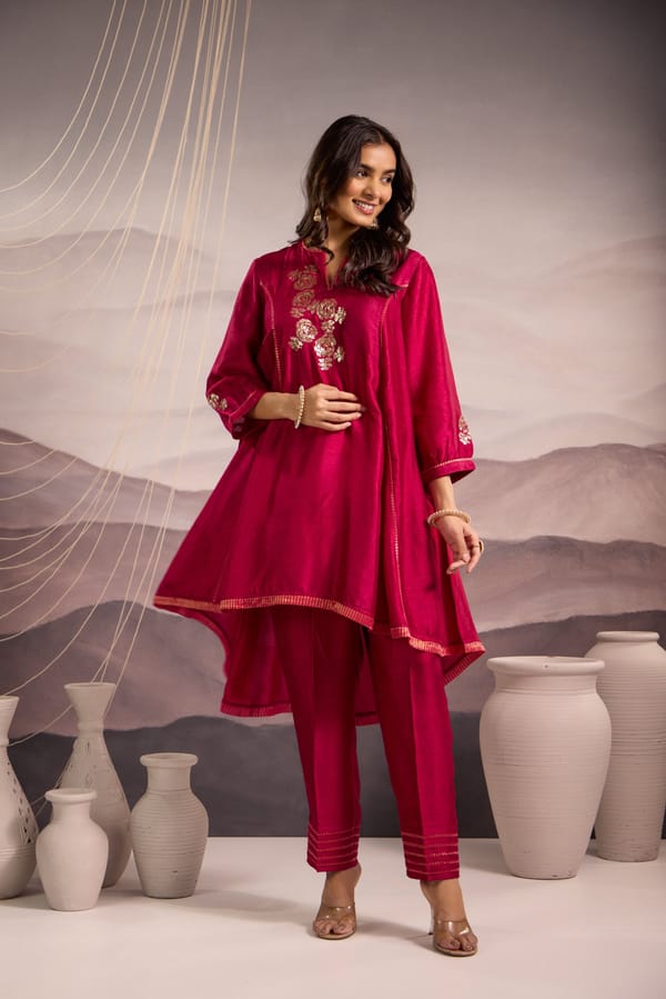 Flared High Low Silk Kurta Set — Omi Clothing
