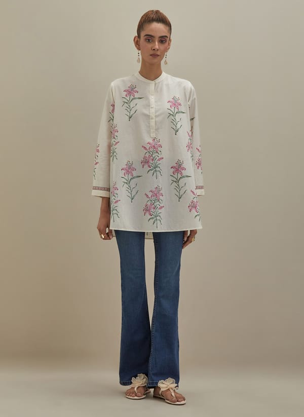 Off White Cotton Kurta Block Prints — Upavita