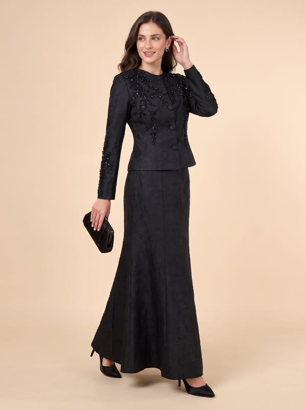 Embellished Blazer And Skirt Set — Caran