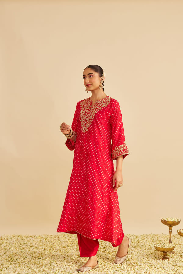 Red Upada Silk Embroidered Long Kurta Set with Salwar — Sheetal Batra