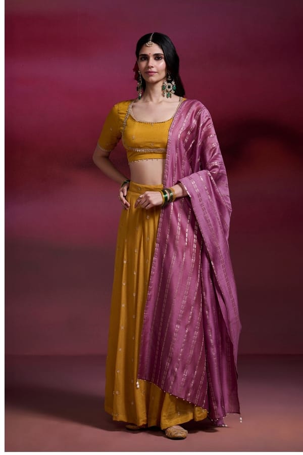 Mustard Embroidered Three-Piece Lehenga Set with Dupatta — Dressfolk