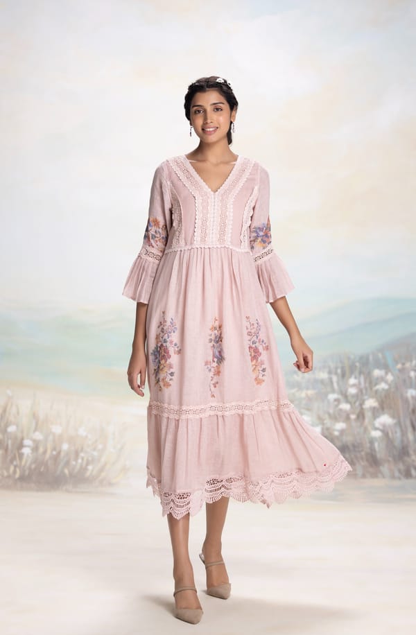 Shadow Rose Linen Floral Fit and Flare Midi Dress — Kaveri